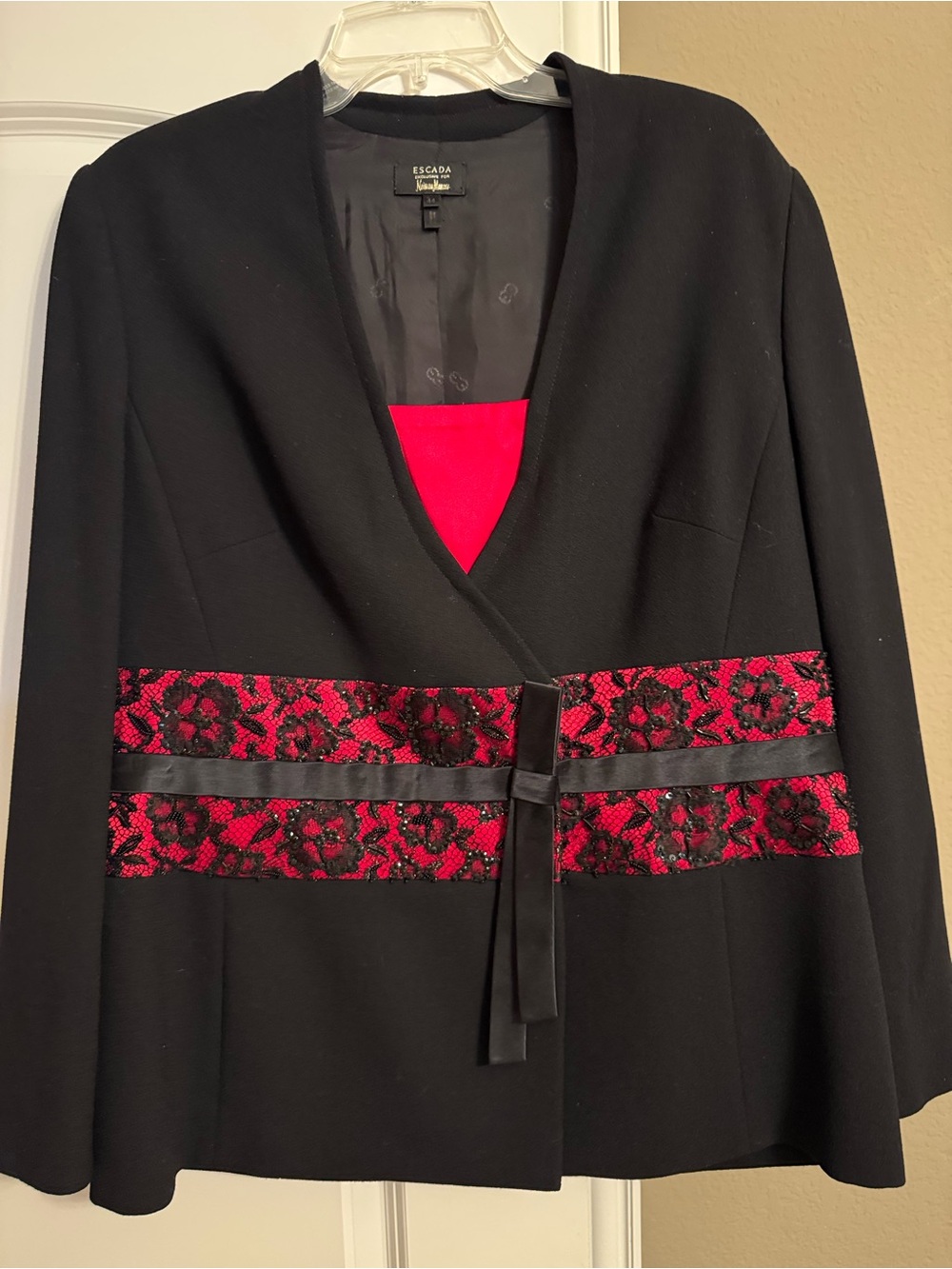 Escada Black Blazer with Red Lace Waist Panels - removeable red bust panel